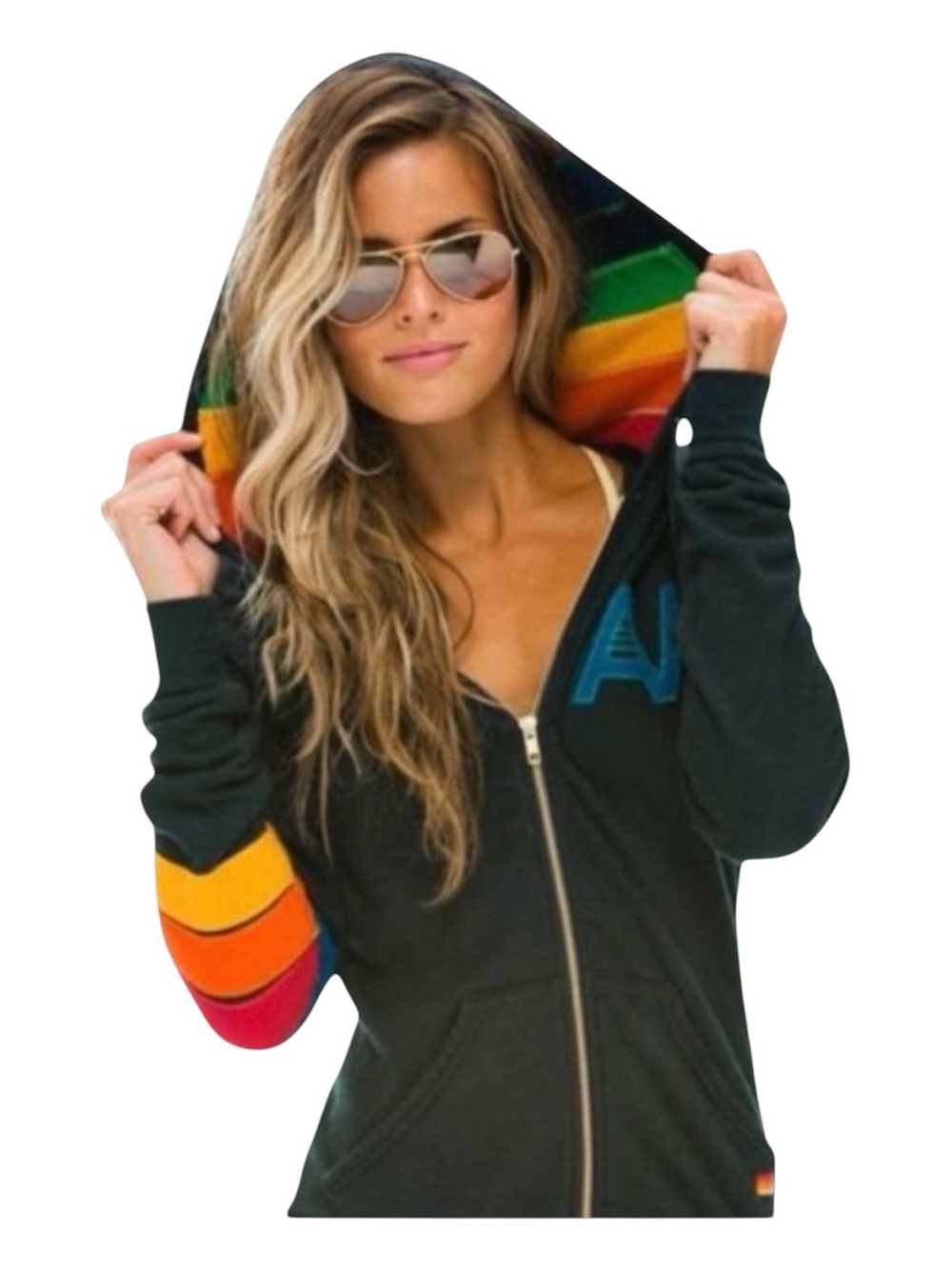 RARE Aviator Nation Signature Rainbow Full Zip Hoodie Sweatshirt Charcoal Size L